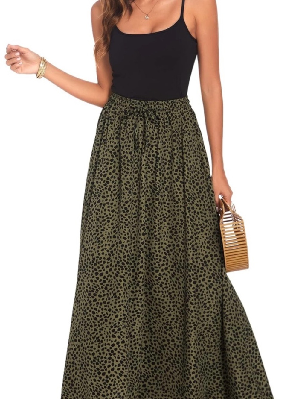 Women’s Olive Green Leopard Print Maxi Skirt
